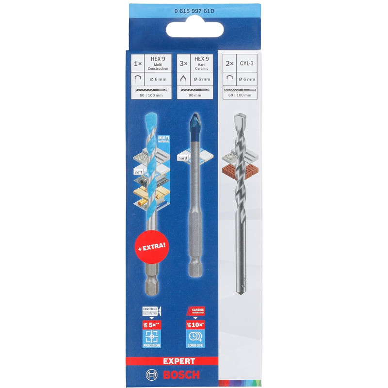 061599761D BOSCH Set burghie 1xHEX-9 Multi Construction,3xHEX-9 Hard Ceramic, 2xCYL-3, 6 mm