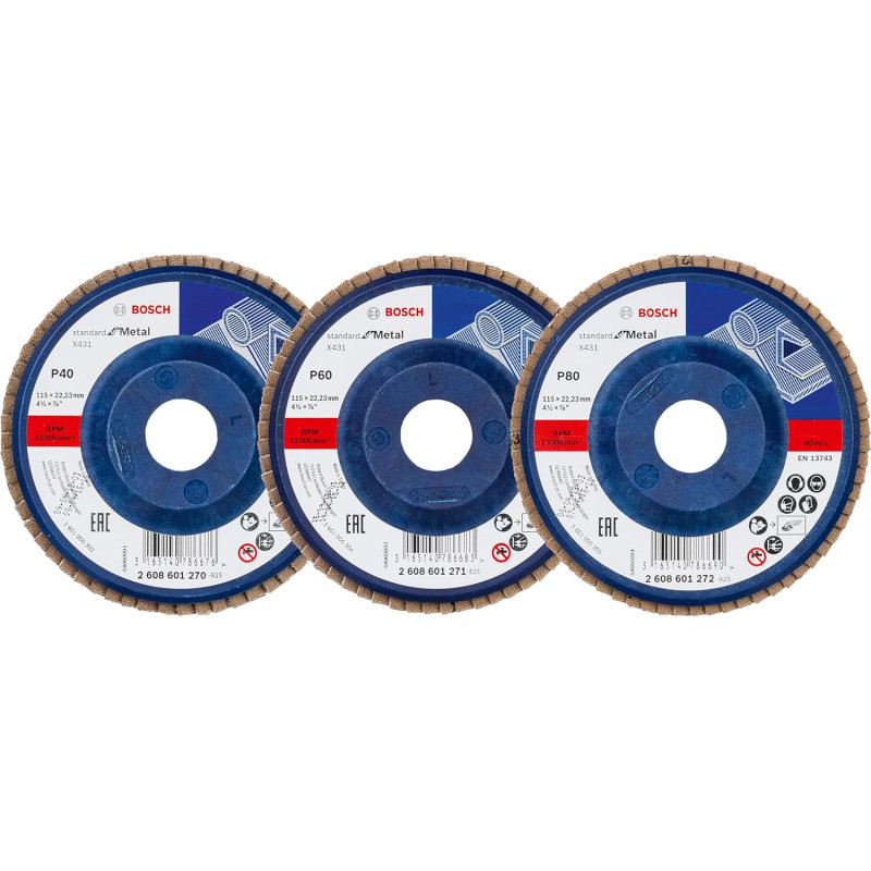 061599764R BOSCH Set 3 discuri de slefuire evantai X431 pentru metal, executie dreapta, 115x22.2 mm, granulatie 40, 60, 80