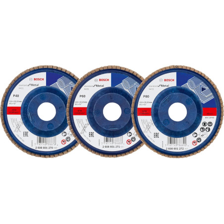 061599764R BOSCH Set 3 discuri de slefuire evantai X431 pentru metal, executie dreapta, 115x22.2 mm, granulatie 40, 60, 80