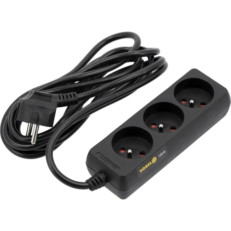 VOREL Prelungitor cu impamantare, 3 prize, 5 m, negru