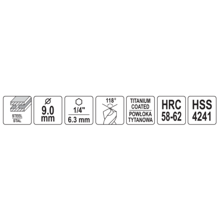 YATO Burghiu freza pentru metal prindere hexagonala 1/4" HSS-TIN, 9 mm