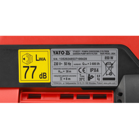 YATO Hidrofor electronic cu filtru 850W,3.8bar,38m, 60l/min, monofazat