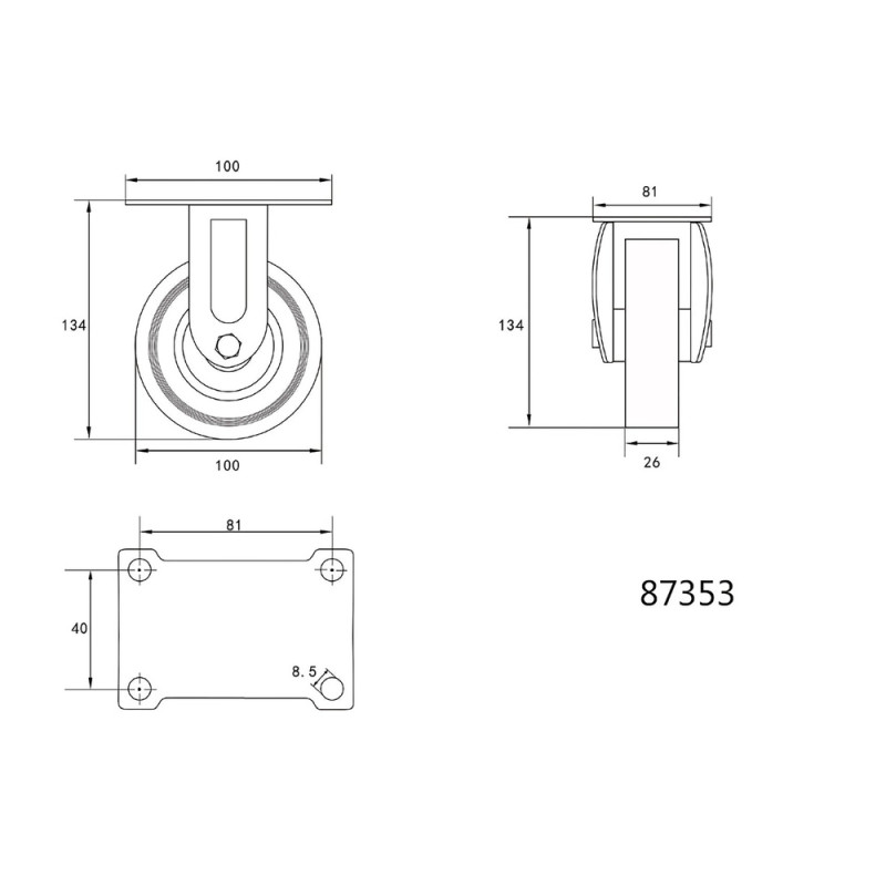 VOREL Roata fixa, cauciuc gri, diametru 100 mm