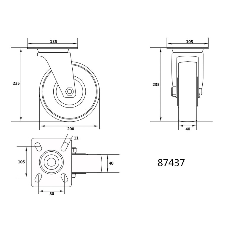 VOREL Roata pivotanta, cauciuc gri, diametru 200 mm