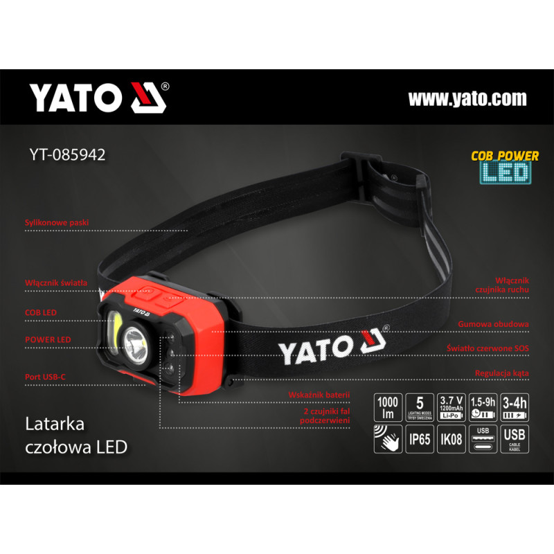 YATO Lampa frontala cu acumulator 1000lm, senzor de miscare