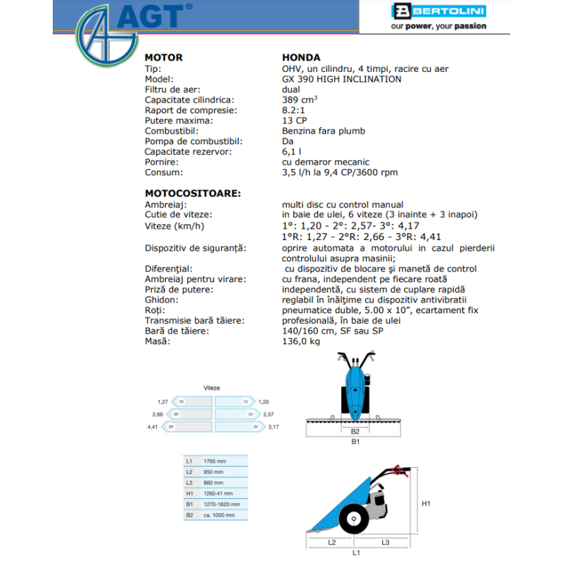 PFAS139GX3H27FL BERTOLINI Motocositoare B139 ALPINE motor Honda GX390 13CP HIGH INCLINATION, bara 127 cm paioase SF