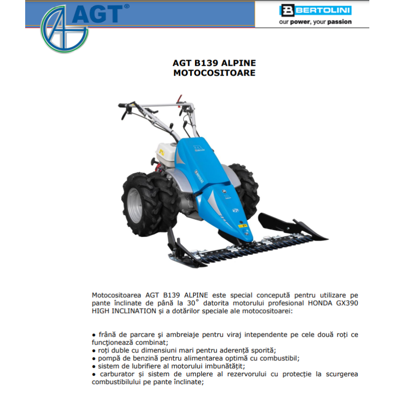 PFAS139GX3H27FL BERTOLINI Motocositoare B139 ALPINE motor Honda GX390 13CP HIGH INCLINATION, bara 127 cm paioase SF