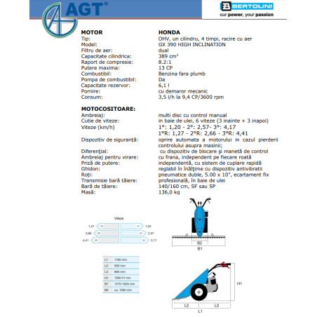 PFAS139GX3H40FL BERTOLINI Motocositoare B139 ALPINE motor Honda GX390 13CP HIGH INCLINATION, bara 140 cm paioase SF