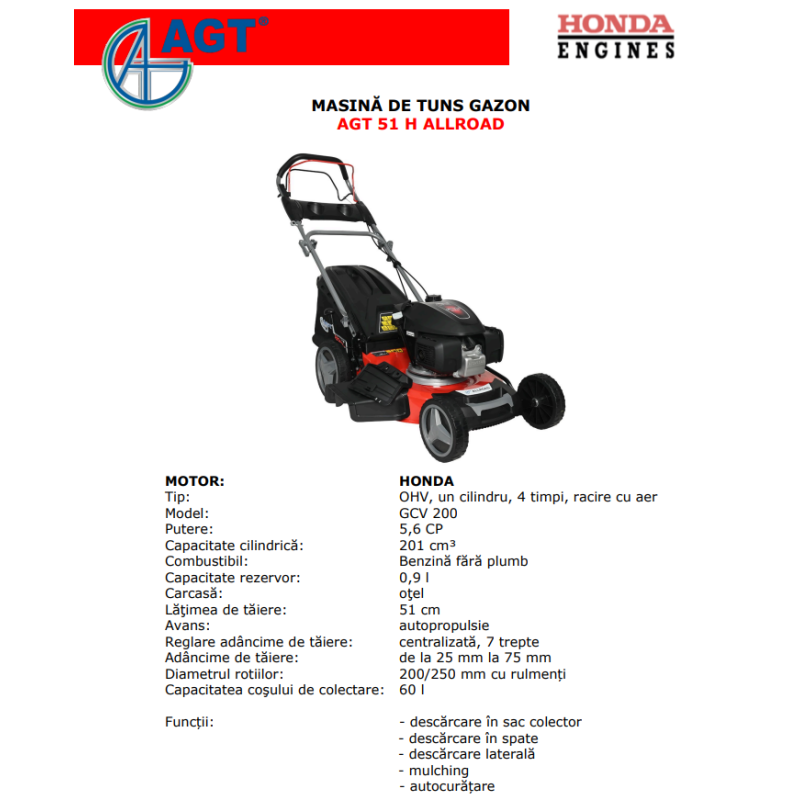AGT 51H ALLROAD Masina tuns gazon, HONDA GCV 200, 5.6CP, 51cm, cos 60l