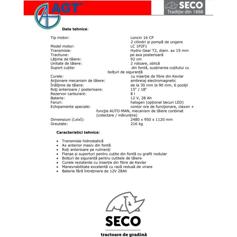 S536026047201 SECO CHALLENGE AJ92 16H Tractor gazon, LONCIN 16 CP