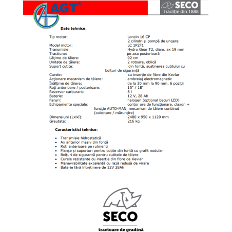 S536026047201 SECO CHALLENGE AJ92 16H Tractor gazon, LONCIN 16 CP