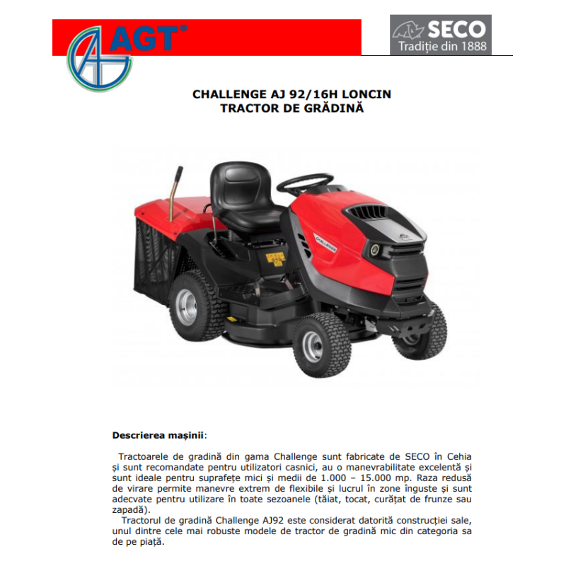 S536026047201 SECO CHALLENGE AJ92 16H Tractor gazon, LONCIN 16 CP