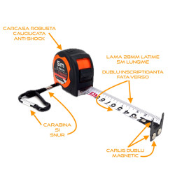 Ruleta Magnetica Heavy-Duty banda metalica cu dublu marcaj, ranforsata anti-shock si carabina, 5m x 28mm