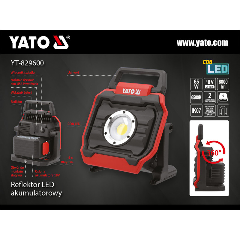 YT-829600 YATO Reflector compatibil cu acumulatori Li-Ion 18V,6000LM IPX4