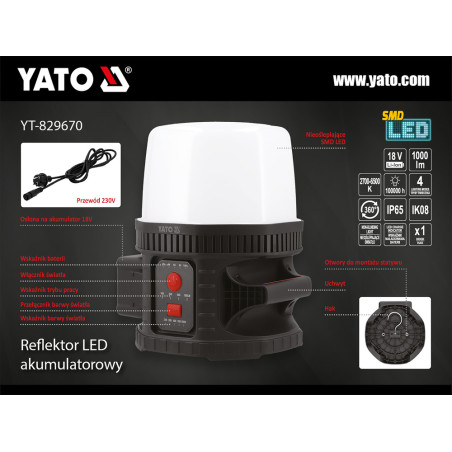 YT-829670 YATO Reflector compatibil cu Li-Ion 18V, 10000LM, 360°, IK08