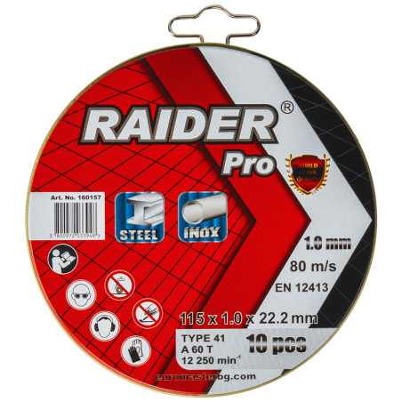 160157 Raider Set 10 discuri pentru taiat metal 115х1.0 mm, INOX