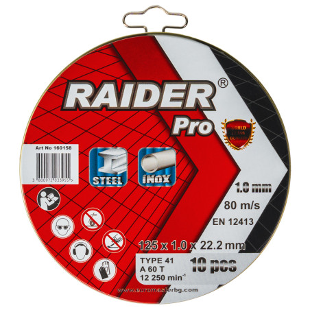 160158 Raider Set 10 discuri taiat metal 125х1mm, A60T, Inox