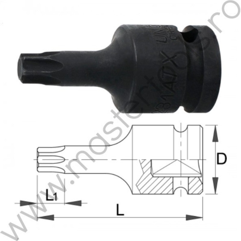 612878 UNIOR Cheie bit impact cu profil TORX prindere patrat 1/2",T55