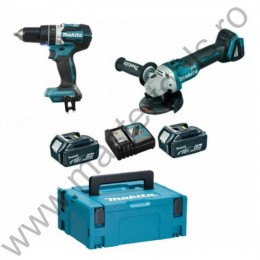 MAKITA Masina de insurubat si gaurit cu percutie DHP484 si polizor unghiular DGA504 cu 2 acumulatori 18V 5Ah
