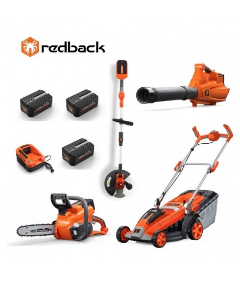 REDBACK Set masina de tuns gazon E137C, trimmer E312D, fierastrau E214C, suflanta E435C cu 3 acumulatori 40V 2Ah si incarcator