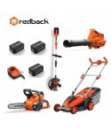 REDBACK Set masina de tuns gazon E137C, trimmer E312D, fierastrau E214C, suflanta E435C cu 3 acumulatori 40V 2Ah si incarcator
