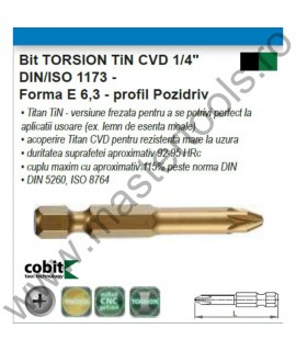 COBIT Bit TORSION TiN CVD 1/4" DIN/ISO 1173 - Forma E 6,3 - profil Pozidriv