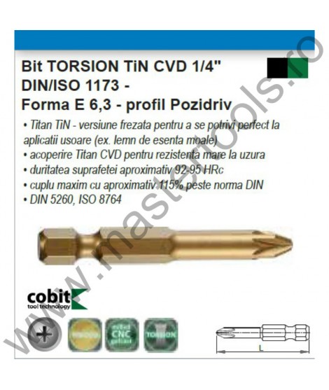 COBIT Seturi 5 Biti TORSION TiN CVD 1/4" DIN/ISO 1173 - Forma E 6,3 - profil Pozidriv