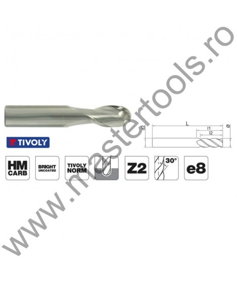 TIVOLY Freze cilindro frontale cu cap semisferic, din carbura HM, Z2, norma TIVOLY 8236061