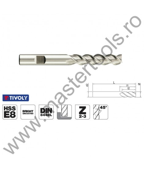 TIVOLY Freze cilindro frontale lungi, HSS-E8, DIN 844BL, Z2-Z3 8030281