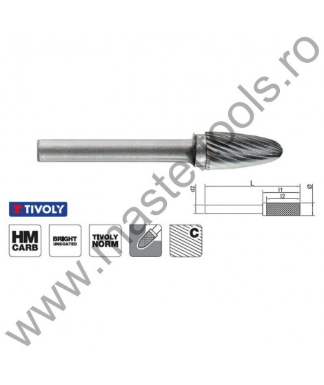 TIVOLY Freze din carbura de tungsten forma F - arcuita cu cap rotunjit, tais simplu tip C 1031821