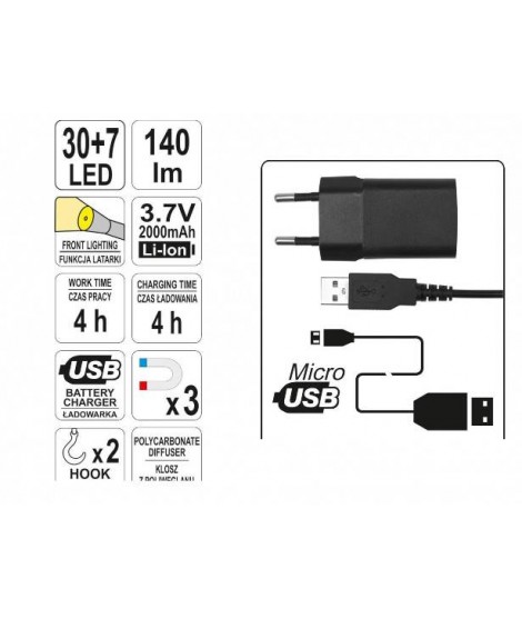 Yato YT-08507 Lampa cu 3 magneti 37 leduri acumulator Li-ion 2000 mAh