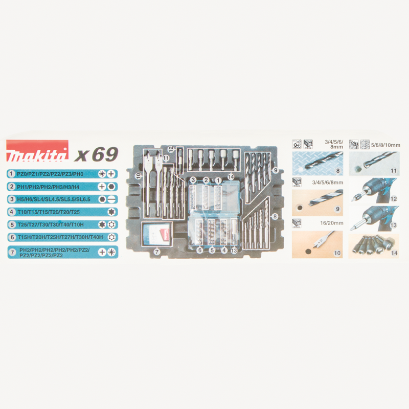 B-49638 Makita Set 69 accesorii, burghie, biti, tubulare in Makpac