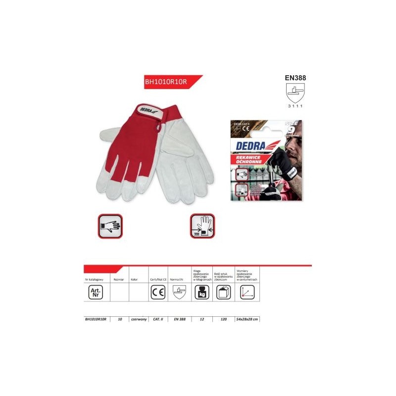 BH1010R09R DEDRA Manusi de protectie, culoare alb-rosu, masura 9