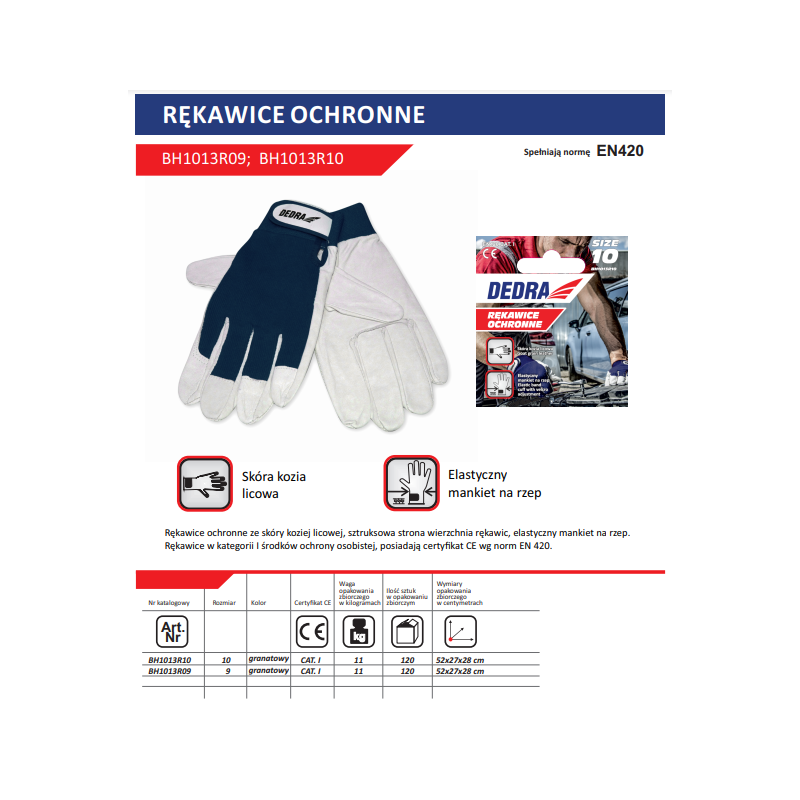 BH1013R10 DEDRA Manusi de protectie din piele de capra, bleumarin, marime 10