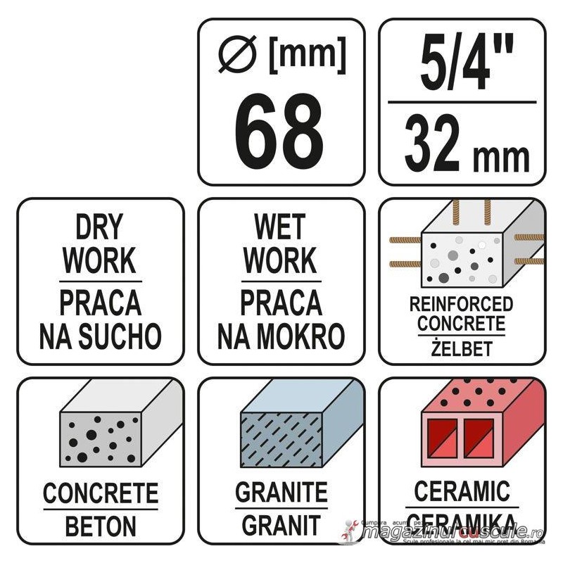 YT-60374 YATO Carota diamantata 5/4, 68 mm compatibila cu YT-81980