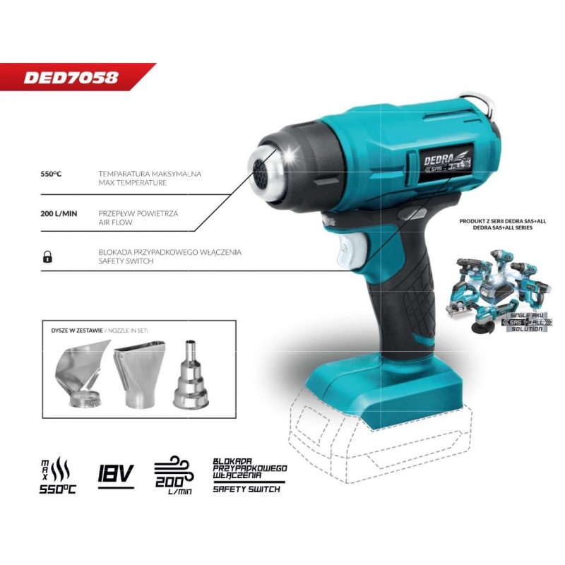 DEDRA Pistol aer cald 2 acumulatori 18V 4.0Ah incarcator 125W geanta