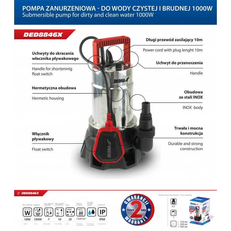 DED8846X Dedra Pompa submersibila 1000W 19500 L/H