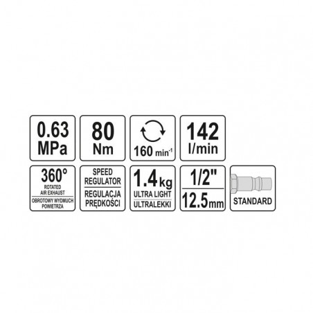 Clichet actionare pneumatica Yato YT-09803 prindere 1/2'' cuplu 80 Nm