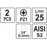 Biti de 25 mm 1/4" cu cap Pozidriv PZ1 Yato