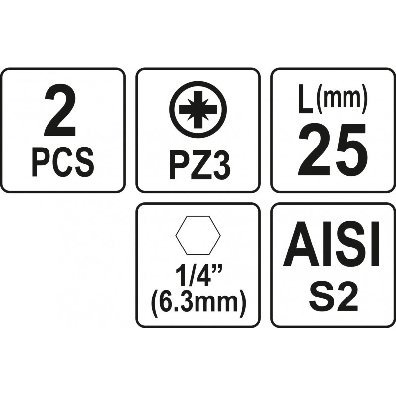 Biti de 25 mm 1/4" cu cap Pozidriv PZ3 Yato