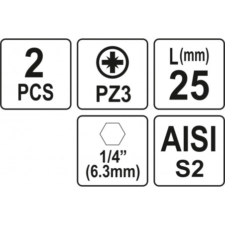 Biti de 25 mm 1/4" cu cap Pozidriv PZ3 Yato