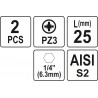 Biti de 25 mm 1/4" cu cap Pozidriv PZ3 Yato