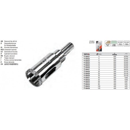 Carota diamantata 20 mm pentru placi ceramice Yato