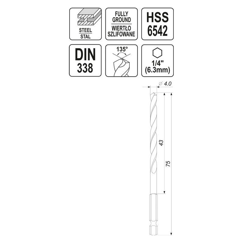 Burghiu metal 4.0 mm prindere hexagonala Yato