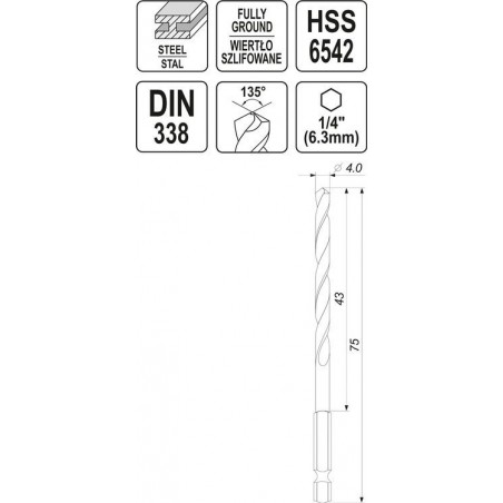 Burghiu metal 4.0 mm prindere hexagonala Yato