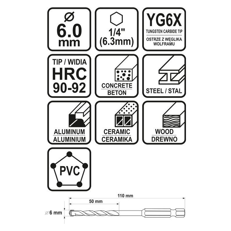 21686 STHOR Burghiu universal de 6 mm cu prindere hexagonala 1/4"
