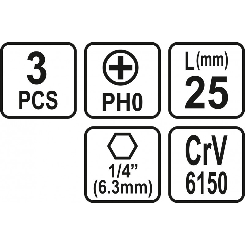 65451 STHOR Set 3 biti philips, PH0, hexagonala 1/4", lungime 25 mm