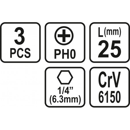 65451 STHOR Set 3 biti philips, PH0, hexagonala 1/4", lungime 25 mm