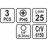 65451 STHOR Set 3 biti philips, PH0, hexagonala 1/4", lungime 25 mm