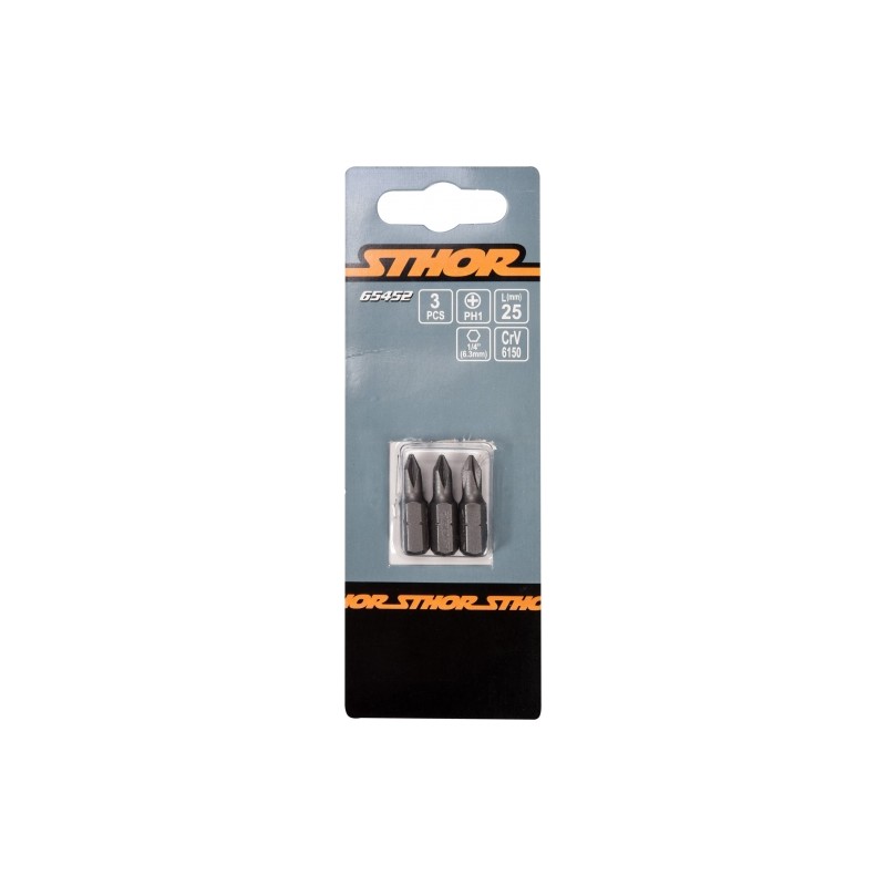65451 STHOR Set 3 biti philips, PH0, hexagonala 1/4", lungime 25 mm
